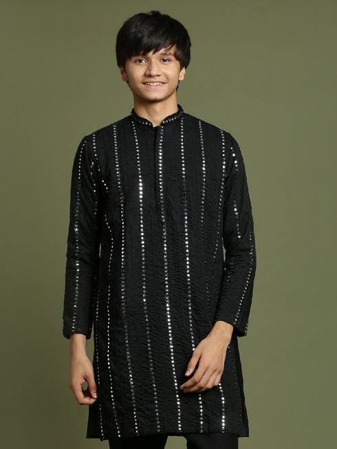 Vastramay Boys Black Mirror Work Viscose Kurta