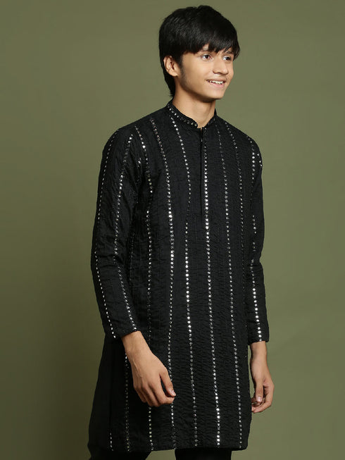 Vastramay Boys Black Mirror Work Viscose Kurta