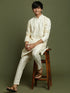 Vastramay Boys Cream Embroidered Vertical Mirror Work Kurta With Pyjama Set