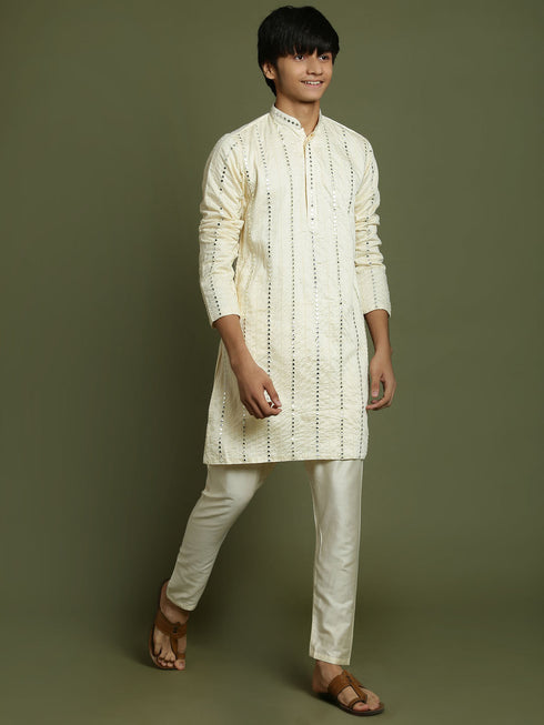 Vastramay Boys Cream Embroidered Vertical Mirror Work Kurta With Pyjama Set