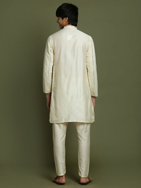 Vastramay Boys Cream Embroidered Vertical Mirror Work Kurta With Pyjama Set