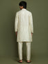 Vastramay Boys Cream Embroidered Vertical Mirror Work Kurta With Pyjama Set