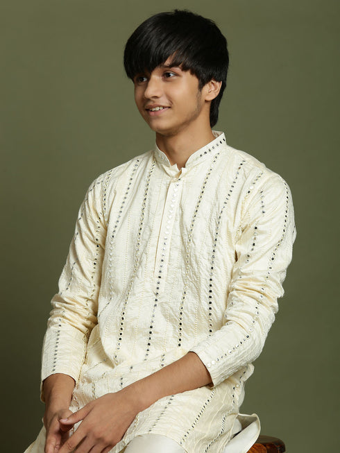 Vastramay Boys Cream Embroidered Vertical Mirror Work Kurta With Pyjama Set