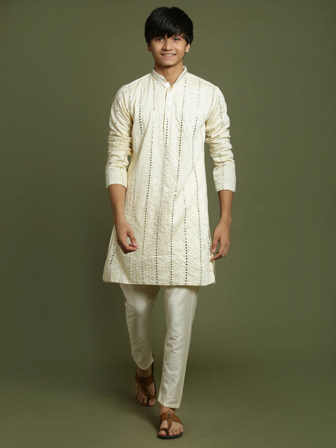 Vastramay Boys Cream Embroidered Vertical Mirror Work Kurta With Pyjama Set