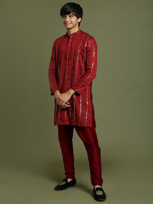 Vastramay Boys maroon Embroidered Vertical Mirror Work Kurta With Pyjama Set