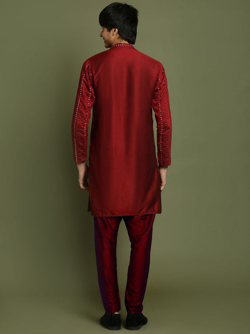 Vastramay Boys maroon Embroidered Vertical Mirror Work Kurta With Pyjama Set