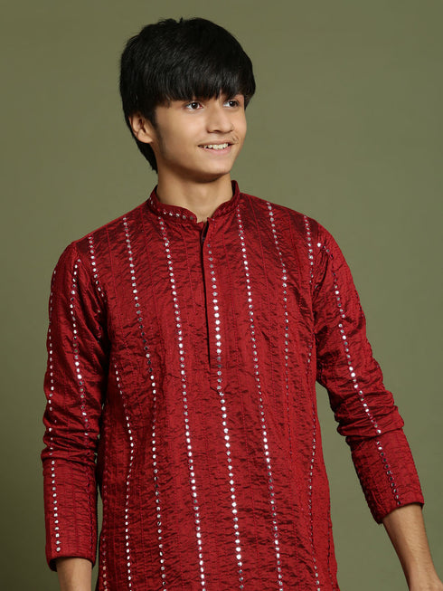 Vastramay Boys maroon Embroidered Vertical Mirror Work Kurta With Pyjama Set