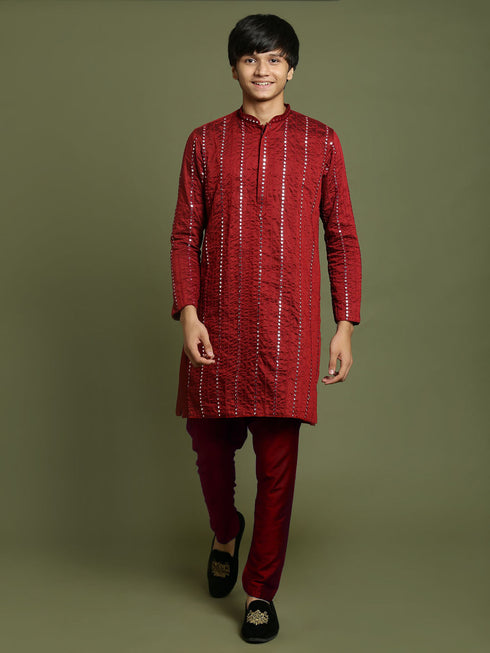Vastramay Boys maroon Embroidered Vertical Mirror Work Kurta With Pyjama Set