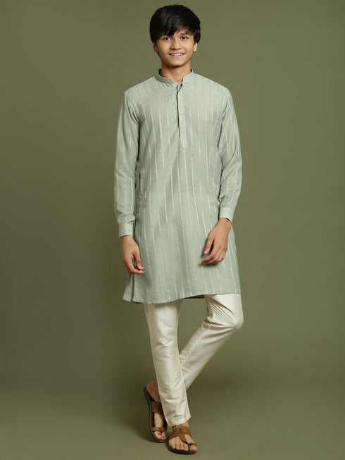 Vastramay Boy's Green Striped With Sequin Worked Kurta Pyjama Set