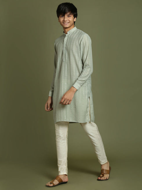 Vastramay Boy's Green Striped With Sequin Worked Kurta Pyjama Set