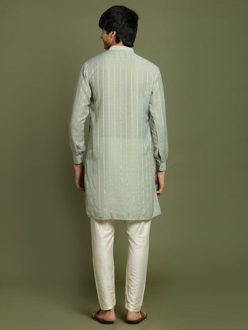 Vastramay Boy's Green Striped With Sequin Worked Kurta Pyjama Set