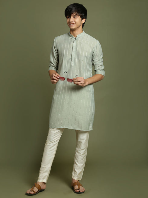 Vastramay Boy's Green Striped With Sequin Worked Kurta Pyjama Set