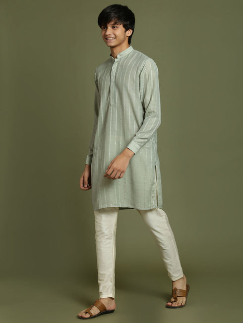 Vastramay Boy's Green Striped With Sequin Worked Kurta Pyjama Set