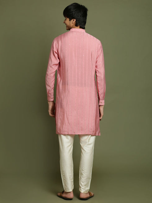 Vastramay Boy's Purple Striped With Sequin Worked Kurta Pyjama Set