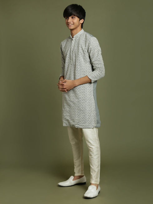 Vastramay Boy's Grey Georgette Chikankari Kurta Pyjama Set