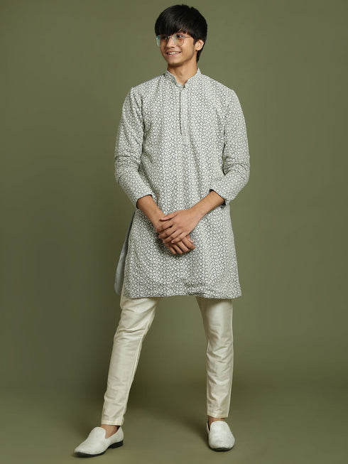 Vastramay Boy's Grey Georgette Chikankari Kurta Pyjama Set