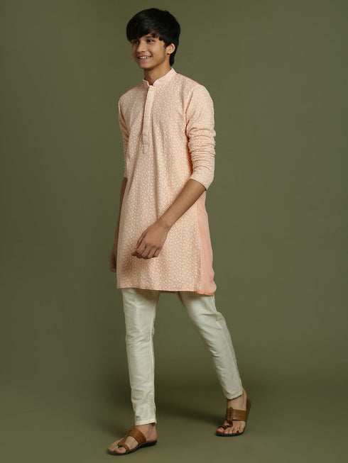 Vastramay Boy's Pink Georgette Chikankari Kurta Pyjama Set