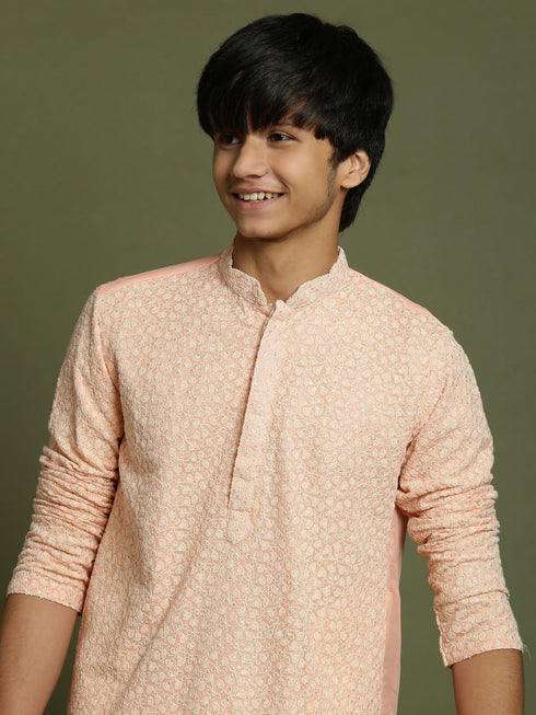 Vastramay Boy's Pink Georgette Chikankari Kurta Pyjama Set