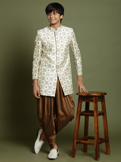 YUVA By VASTRAMAY Boys Beige And Coffee jacquard Sherwani Set