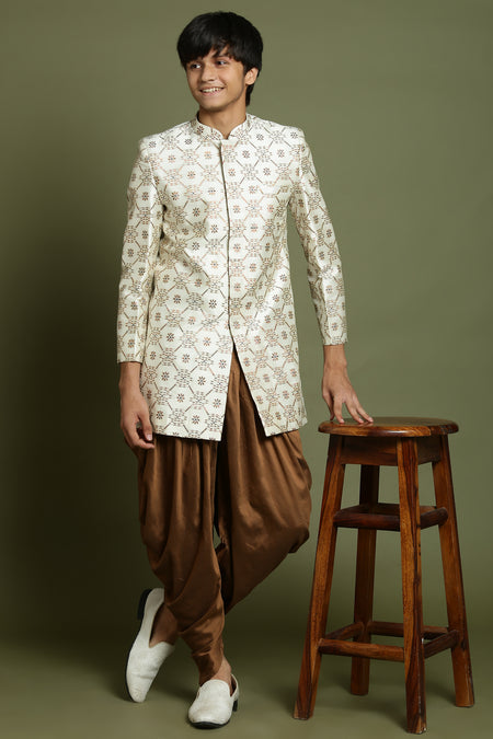 YUVA By VASTRAMAY Boys Beige And Coffee jacquard Sherwani Set