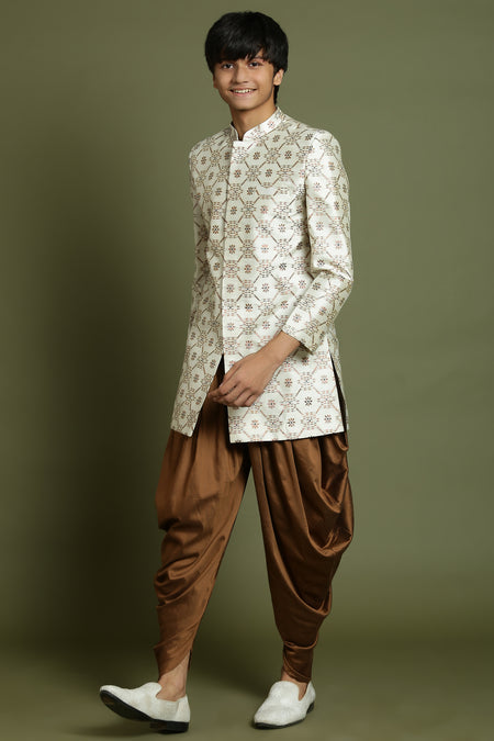 YUVA By VASTRAMAY Boys Beige And Coffee jacquard Sherwani Set