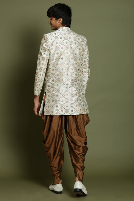 YUVA By VASTRAMAY Boys Beige And Coffee jacquard Sherwani Set