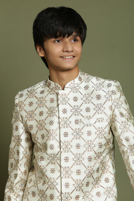 YUVA By VASTRAMAY Boys Beige And Coffee jacquard Sherwani Set