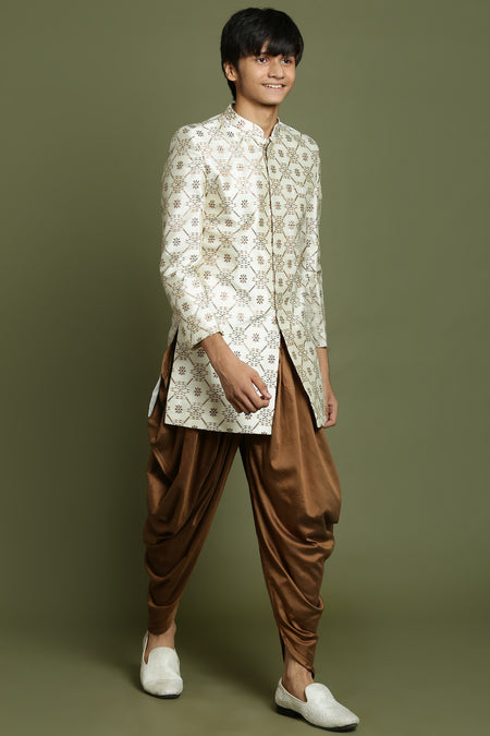 YUVA By VASTRAMAY Boys Beige And Coffee jacquard Sherwani Set