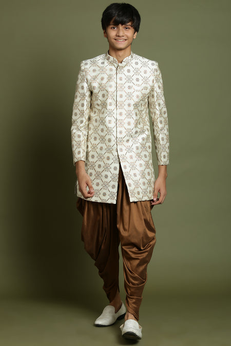 YUVA By VASTRAMAY Boys Beige And Coffee jacquard Sherwani Set