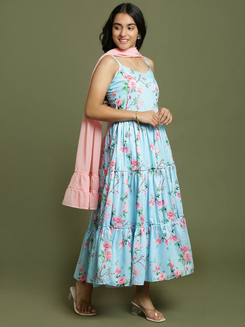 VASTRAMAY Girl's Aqua Floral Print Anarkali With Pink Dupatta