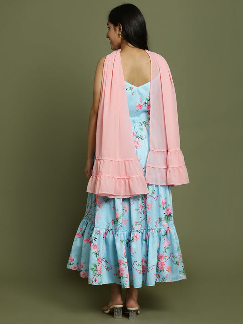 VASTRAMAY Girl's Aqua Floral Print Anarkali With Pink Dupatta