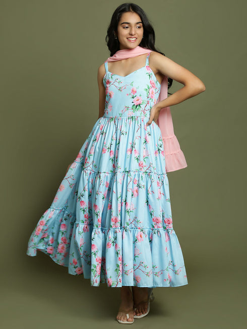 VASTRAMAY Girl's Aqua Floral Print Anarkali With Pink Dupatta