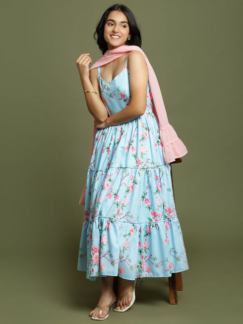 VASTRAMAY Girl's Aqua Floral Print Anarkali With Pink Dupatta