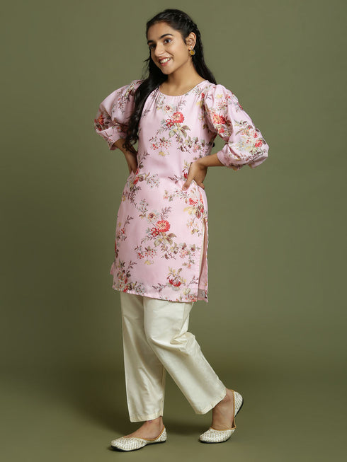 Yuva VASTRAMAY Girls Pink Floral Printed Kurta With Cream Pant Set