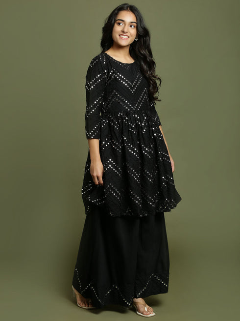 Vastramay Girl's Black Mirror Work Flared Kurta And Long Skirt Set