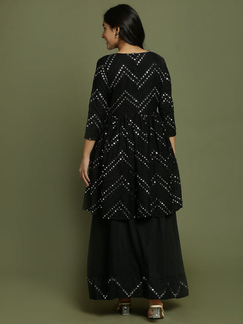 Vastramay Girl's Black Mirror Work Flared Kurta And Long Skirt Set