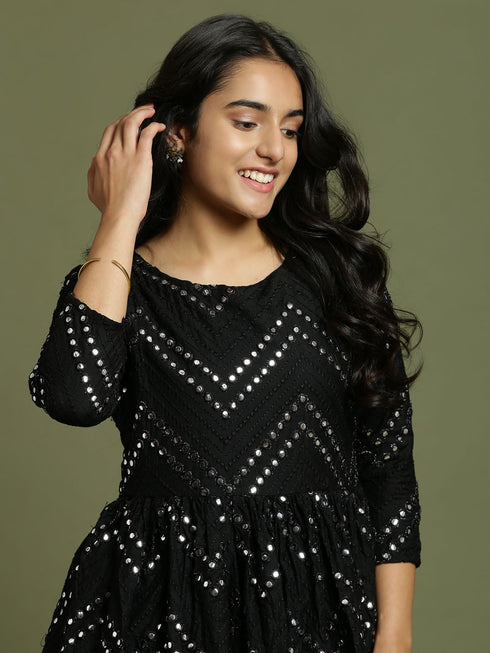 Vastramay Girl's Black Mirror Work Flared Kurta And Long Skirt Set