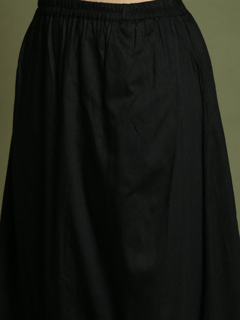 Vastramay Girl's Black Mirror Work Flared Kurta And Long Skirt Set