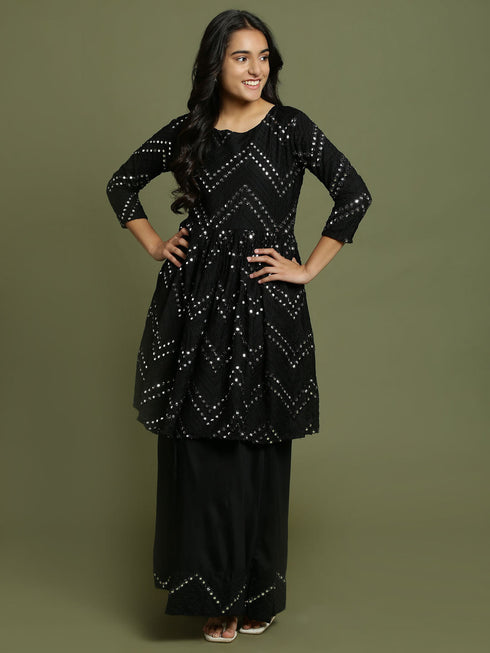 Vastramay Girl's Black Mirror Work Flared Kurta And Long Skirt Set
