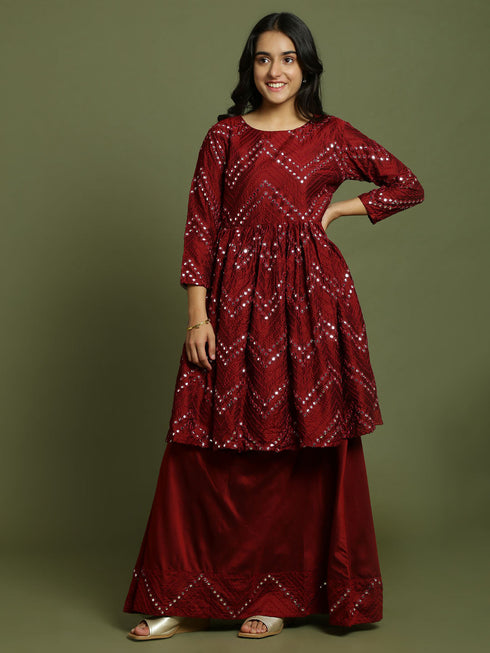 Vastramay Girl's Maroon Mirror Work Flared Kurta And Long Skirt Set