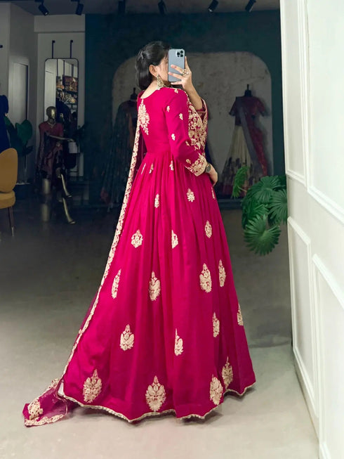 Ethenika Vachitra Silk Sequence Thread Embroidery Gown Set