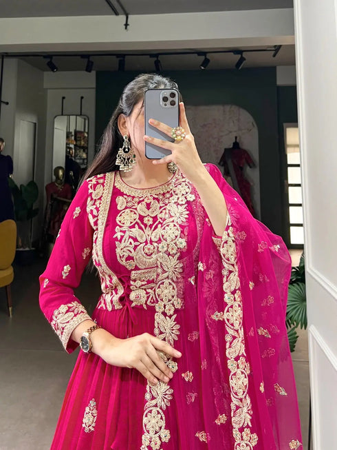Ethenika Vachitra Silk Sequence Thread Embroidery Gown Set