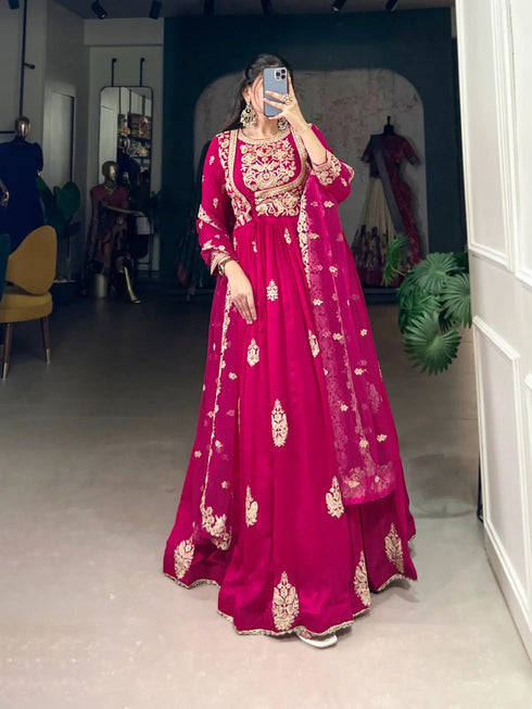 Ethenika Vachitra Silk Sequence Thread Embroidery Gown Set
