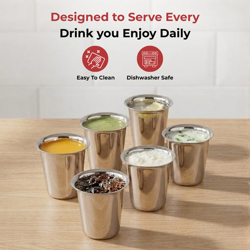 Vinod Stainless Steel Rampatra Glass Set of 6 160 ml Highest Grade Steel Rust Free Long Lasting and Durable Dishwasher Safe