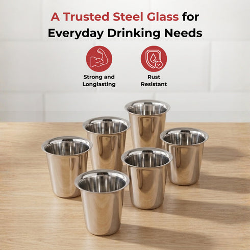 Vinod Stainless Steel Rampatra Glass Set of 6 240 ml with Highest Grade Steel Tough and Strong Build Dishwasher Safe Rust Free