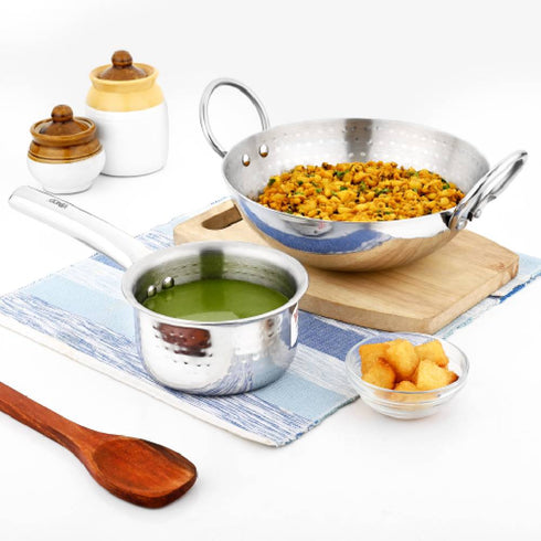 Vinod Claro Heavy Gauge Stainless Steel Hammered Kadai 2.4 Liter 24 cm and Sauce pan 900ml 14cm with 1.5 mm Thickness Set of 2