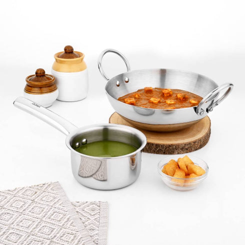 Vinod Claro Heavy Gauge Stainless Steel Plain Kadai 2.4 Liter 24 cm and Sauce pan 900ml 14cm with 1.5 mm Thickness Set of 2