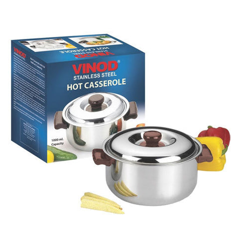 Vinod Stainless Steel Hot Casserole 1000 ml with Insulated Design Mirror Finish Rust Free Build Easy to Carry with Side Handle and Dishwasher Safe