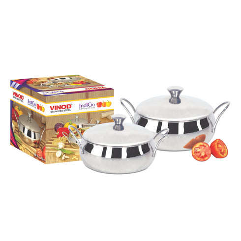 Vinod Stainless Steel Indigo Bowl 2 Pieces Gift Set with Lids and Side Handles 900 ml and 1000 ml Mirror Finish Strong Build Dishwasher Safe