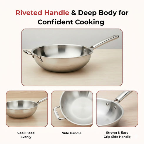 Vinod Doniv Titanium Triply Stainless Steel Wok with Side Handle 28 cms Capacity 4.00 Liter
